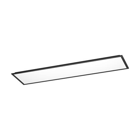 Tesvelle rectangular LED ceiling panel light, 119.5 x 29.5cm, with black steel frame and white plastic diffuser, shown on a plain white background.