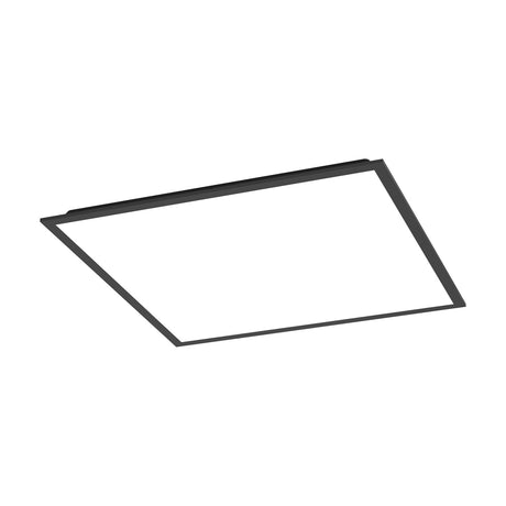 Tesvelle square LED ceiling panel light, 59.5 x 59.5cm, with slim black steel frame and white plastic diffuser, shown at an angle on a plain white background.