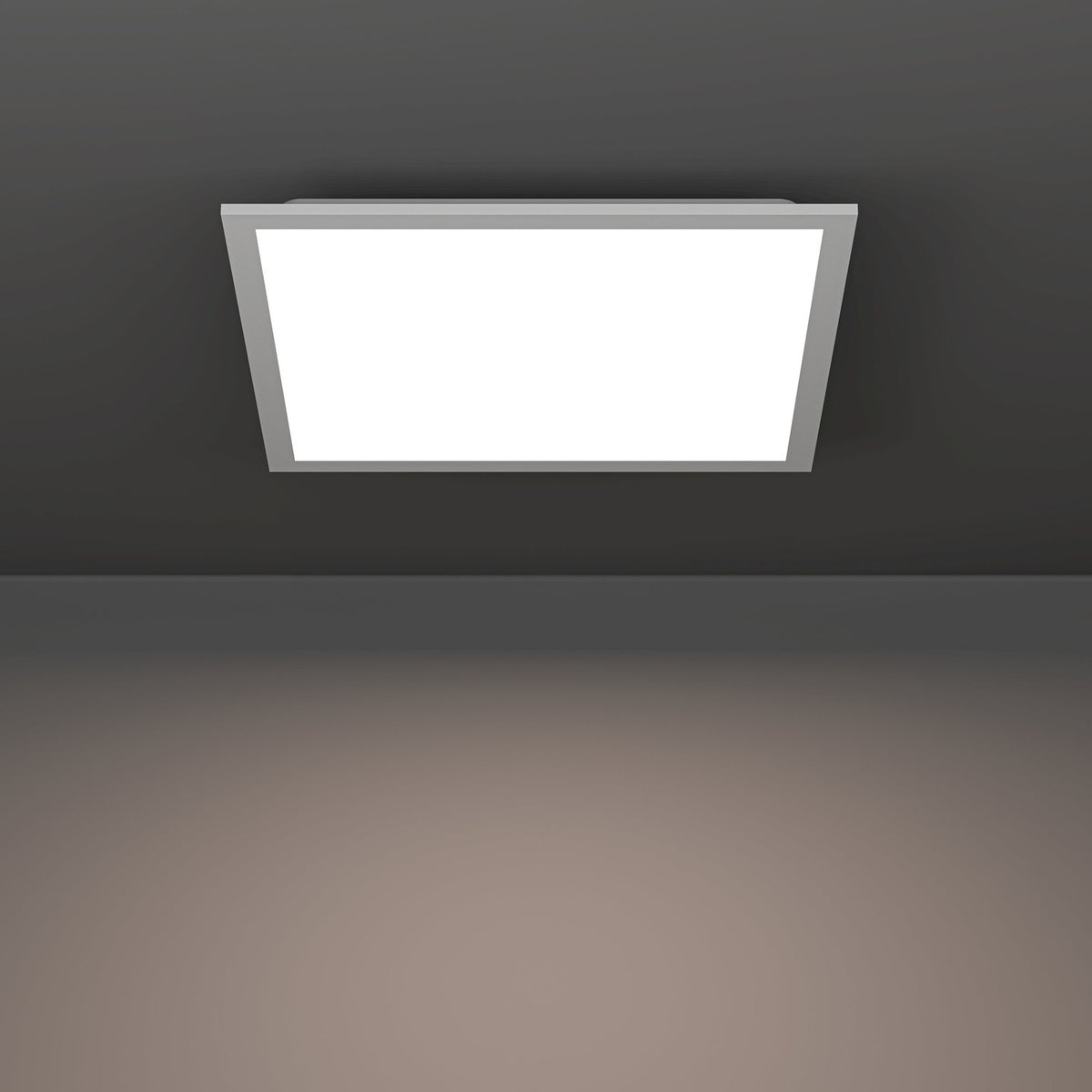 Tesvelle square LED ceiling panel light, 39.3 x 39.3cm, with white steel frame and glowing white plastic shade, mounted flush on a dark ceiling.