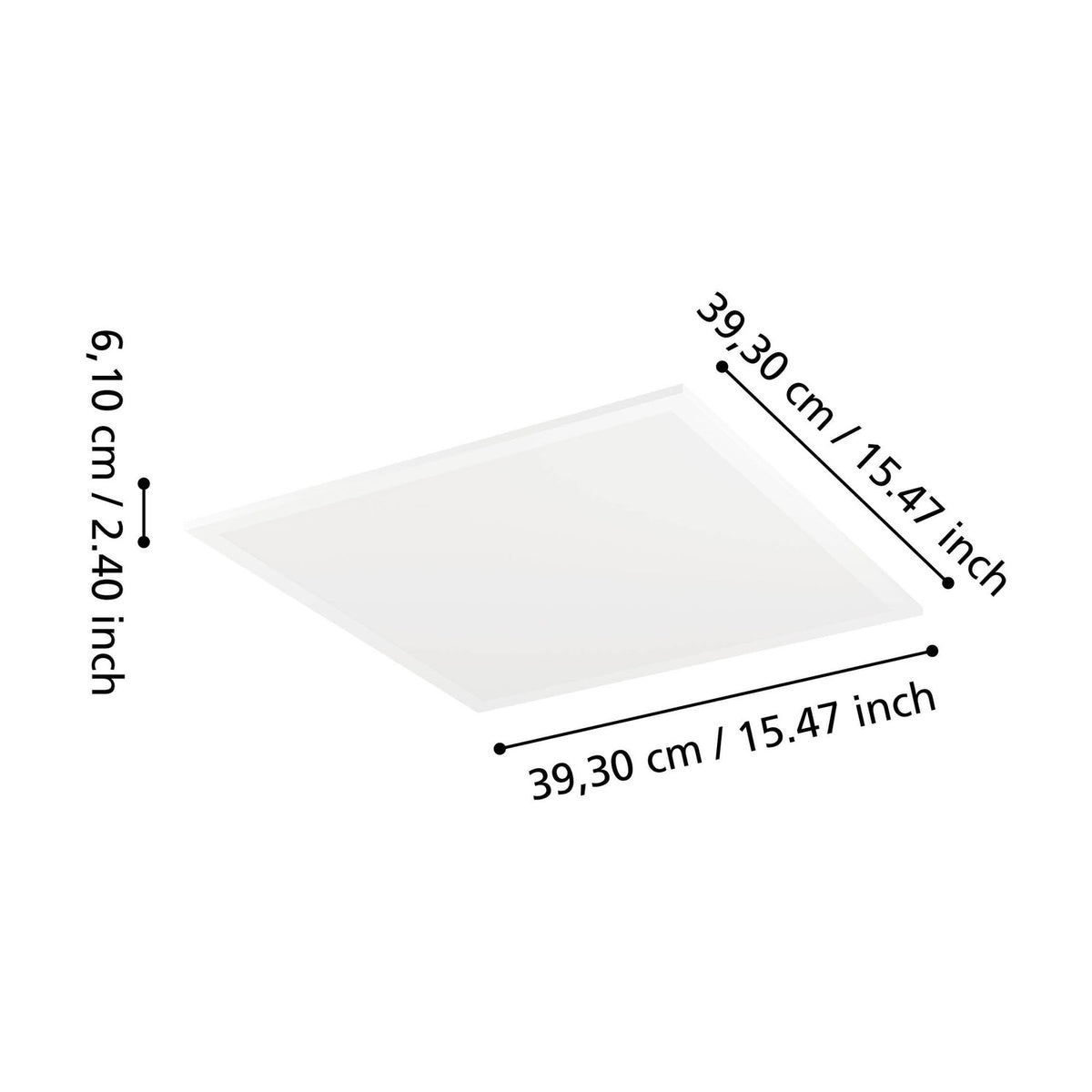 Tesvelle Smart LED Panel Light, a square white ceiling fixture measuring 39.3 x 39.3 x 6.1cm, shown with dimension lines on a white background.