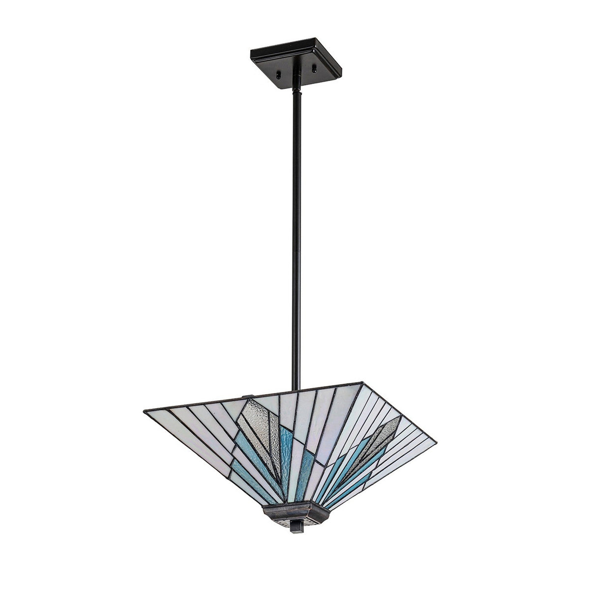 Introducing the Alderley 2 Light Trio Mount Tiffany Pendant in Vintage Bronze, featuring a contemporary design with a square, stained glass shade adorned with geometric patterns in blue and white. It elegantly hangs from a black metal rod connected to a square ceiling mount, delivering an Art Deco allure.
