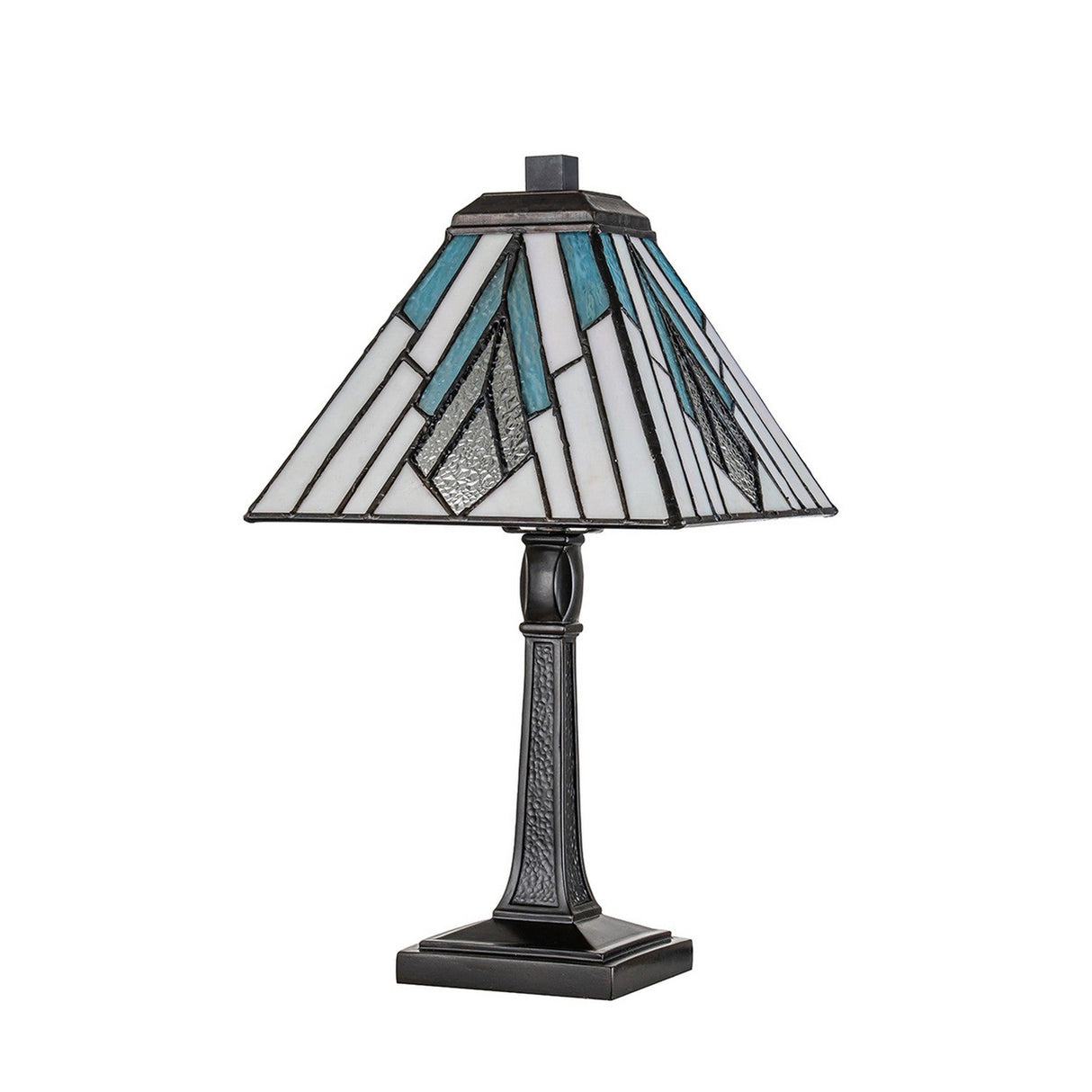 The Alderley 1 Light Medium Table Lamp - Vintage Bronze showcases a decorative Tiffany-style design with a stained glass shade adorned in geometric patterns of blue, white, and gray. Its vintage bronze base features dark metal with intricate detailing.