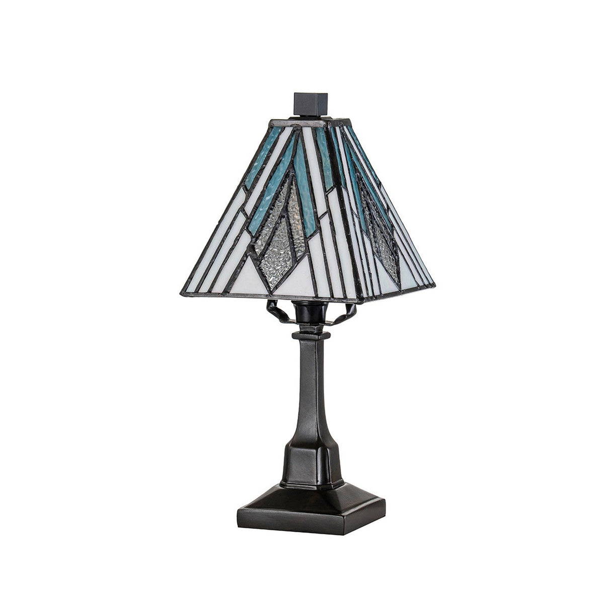 Introducing the Alderley 1 Light Small Table Lamp in Vintage Bronze. This stunning lamp features a Tiffany-style stained glass shade with a geometric pattern in shades of blue, white, and gray. Its dark, angular base perfectly complements its Art Deco-inspired tapered design. Displayed against a plain white background, this piece is sure to enhance any space with its decorative lighting appeal.