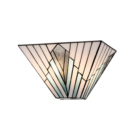 The Alderley 2 Light Wall Uplighter - Vintage Bronze features a stained glass sconce with an art deco design, highlighted by geometric patterns in cream, green, and blue shades. Its vintage bronze accents contribute to its timeless elegance, warmly illuminated from within for a cozy glow.