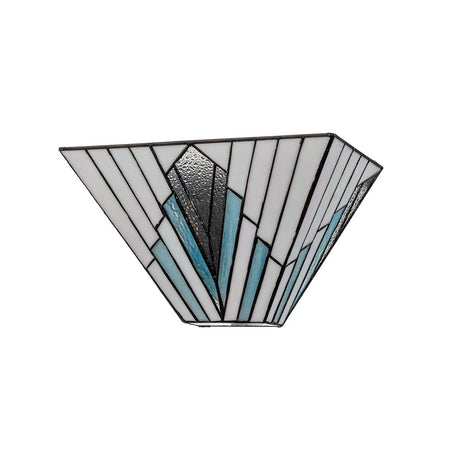 The Alderley 2 Light Wall Uplighter in Vintage Bronze is a stained glass wall sconce adorned with geometric patterns in white, black, and shades of blue. Its angular shapes converge at the center, offering a modern Art Deco aesthetic that is both artistic and timeless.