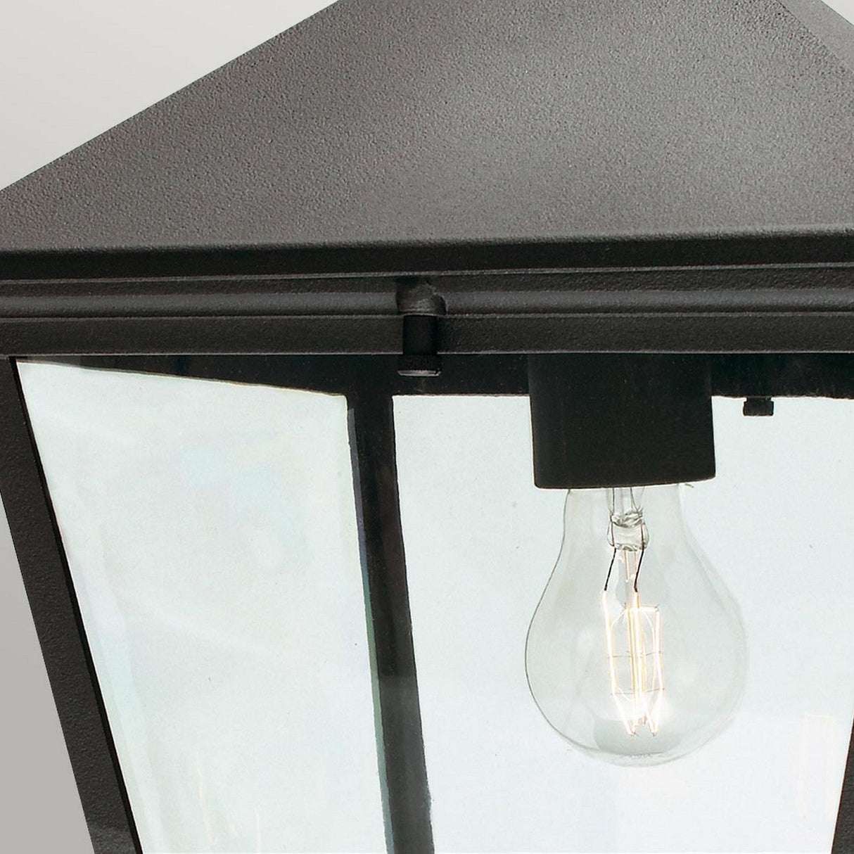 A close-up of the Turin Large Outdoor 1 Light Chain Pendant in black showcases its contemporary design. The pendant features a clear glass pane encasing a single clear bulb with a visible filament, though currently unlit. Made from durable aluminum, this sleek fixture combines minimalist aesthetics with a touch of vintage charm.