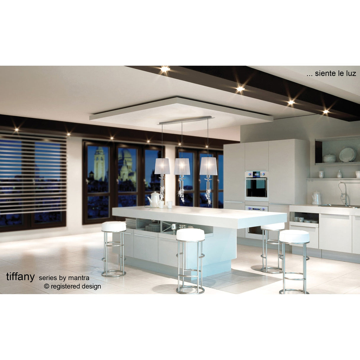 Tiffany 6 Light Crystal Bar Pendant Light - Chrome With White Shades