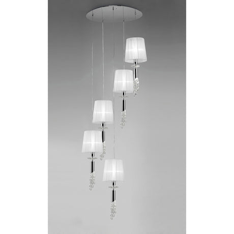 Tiffany 5 Light Crystal Cluster Pendant Light - Chrome With White Shades