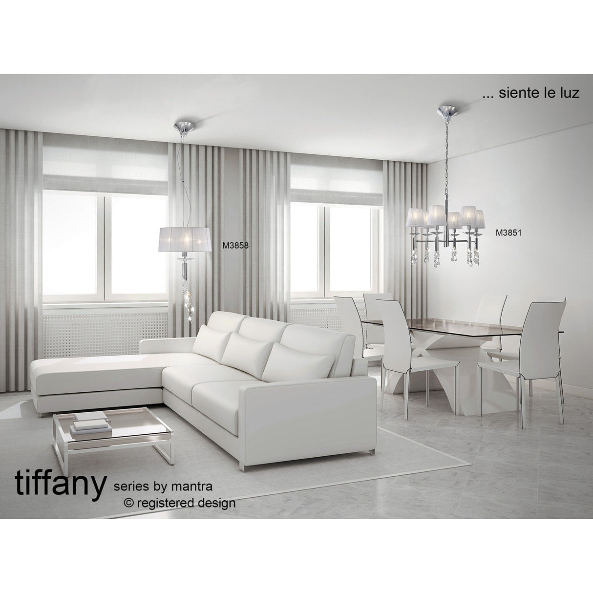 Tiffany 4 Light Crystal Pendant Light – Polished Chrome With White Shade