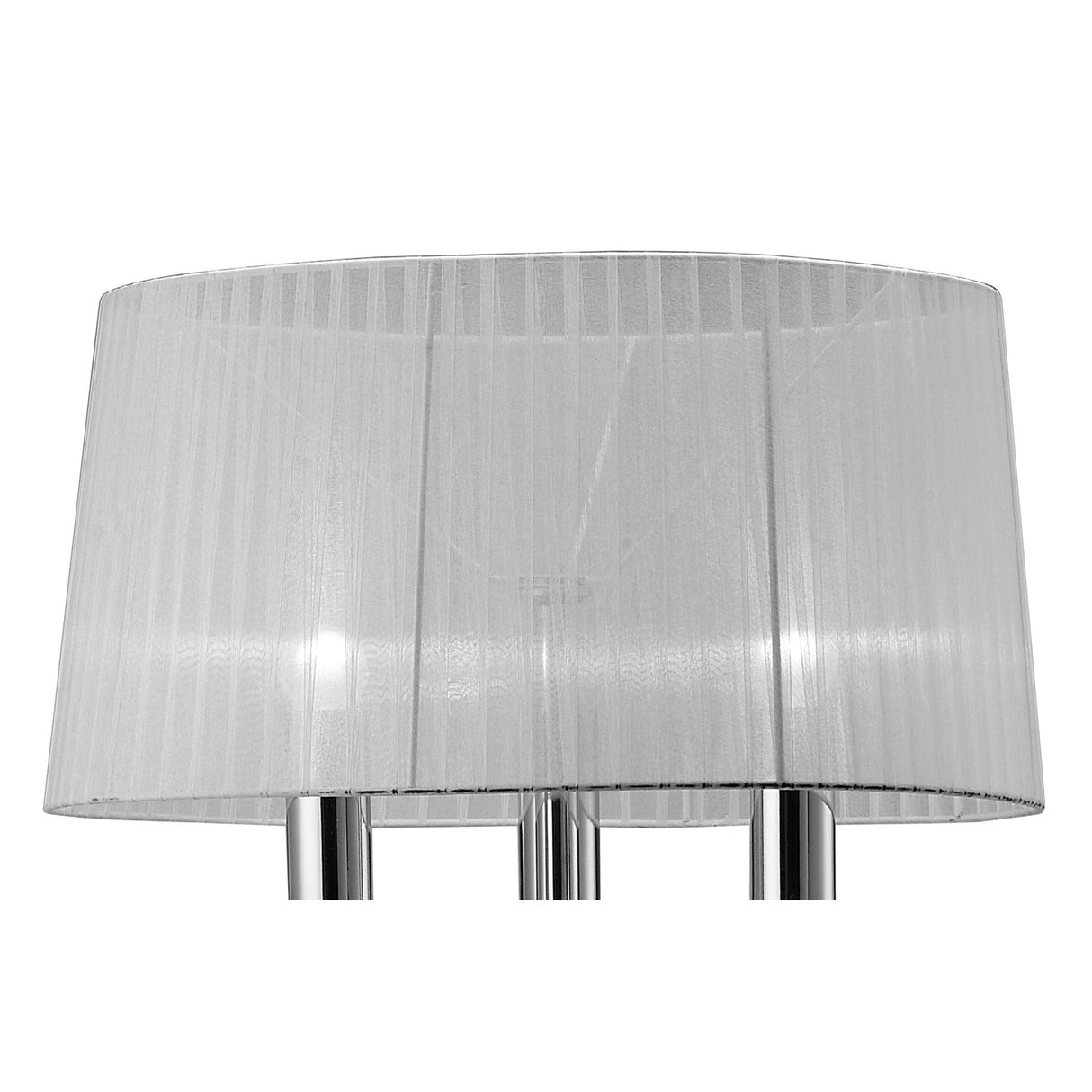 A close-up of the Tiffany 6 Light Crystal Floor Lamp, showcasing its polished chrome base and white cylindrical shade with vertical lines.
