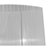 Close-up of the upper portion of the Tiffany 6 Light Crystal Floor Lamp, featuring a translucent cylindrical design with vertical textured lines and polished chrome accents, topped with a white shade against a white background.