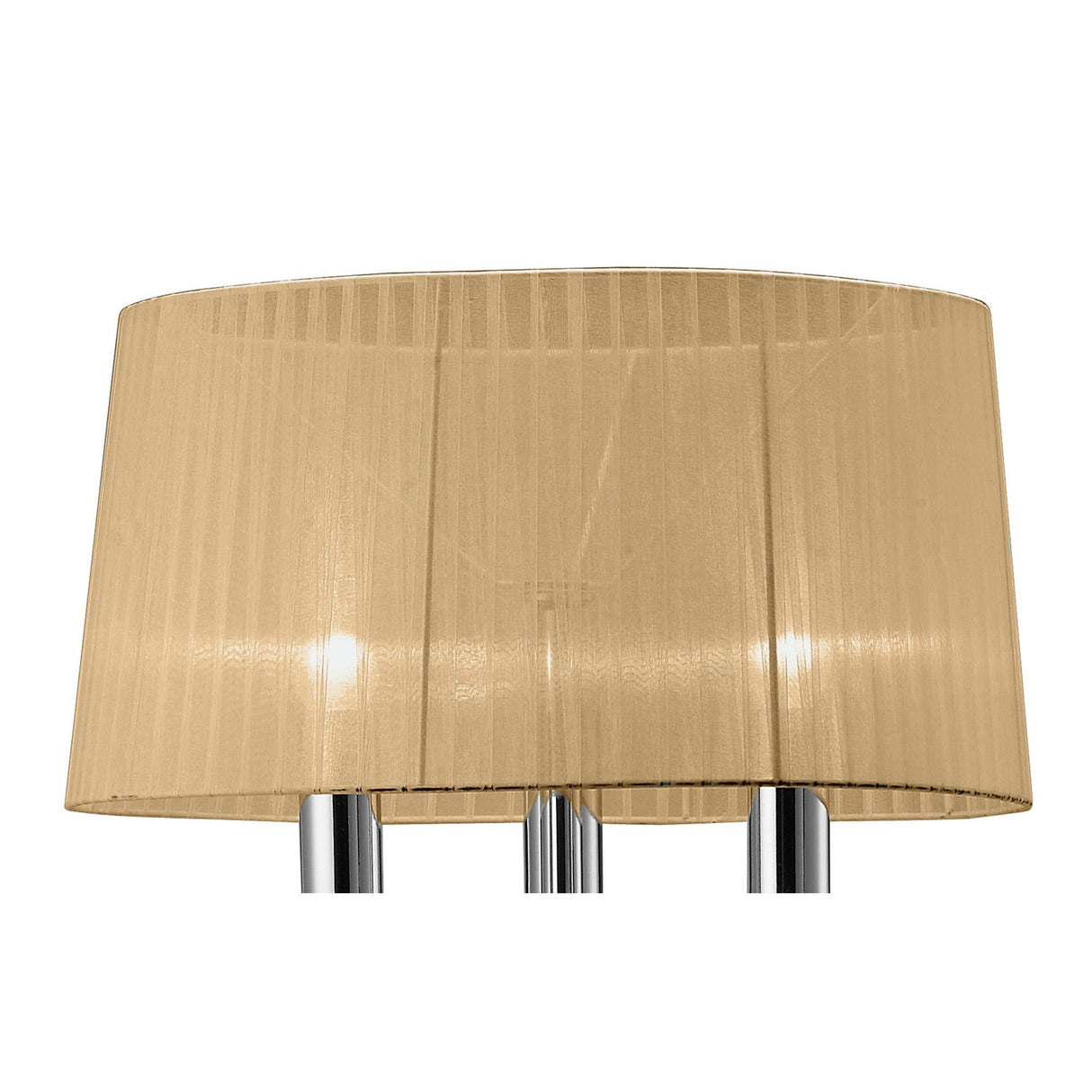 A close-up of the Tiffany 6 Light Crystal Floor Lamp in chrome with a bronze shade showcases its stylish, dimmable lighting and elegant multi-pole design for customizable ambiance against a white background.
