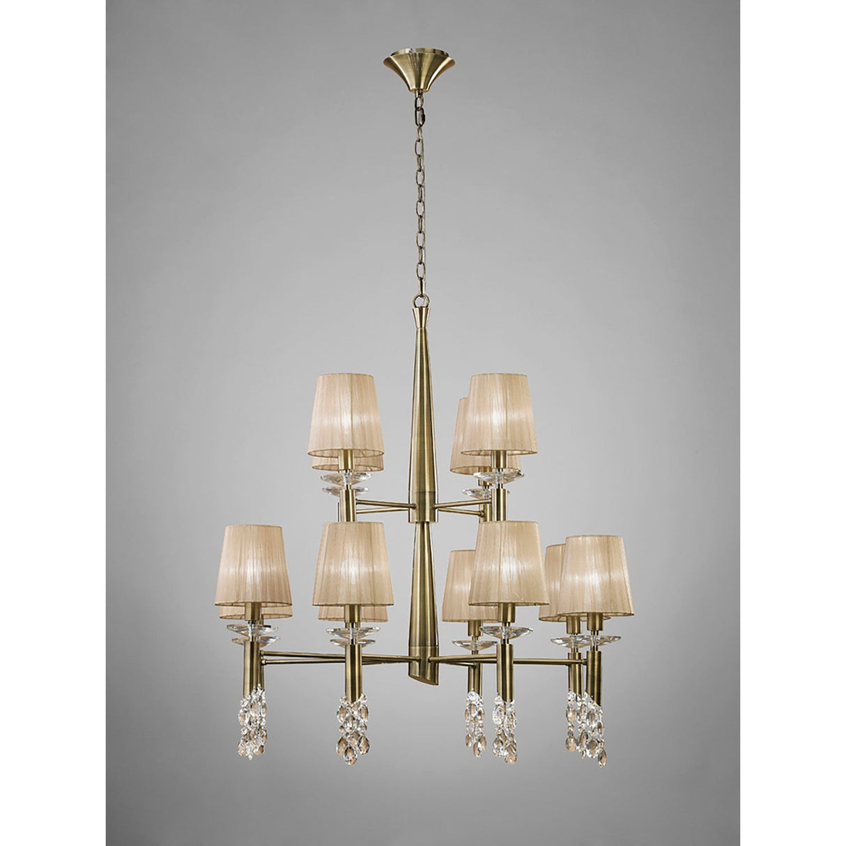 Tiffany 2 Tier 24 Light Crystal Chandelier - Brass With Bronze Shades