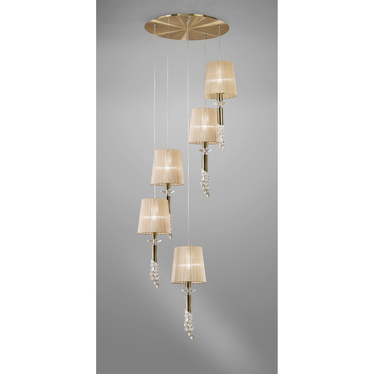 Tiffany 5 Light Crystal Cluster Pendant Light - Brass With Bronze Shades