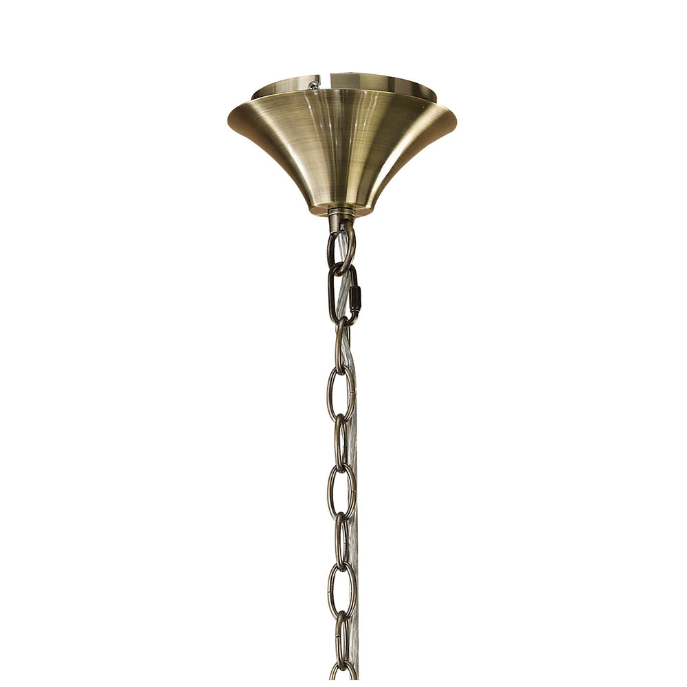 Antique brass ceiling canopy and suspension chain of the Tiffany 12 Light Crystal Chandelier, shown against a plain white background.