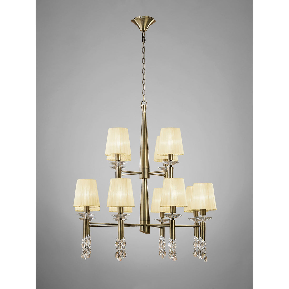 Tiffany 2 Tier 24 Light Crystal Chandelier - Brass With Cream Shades