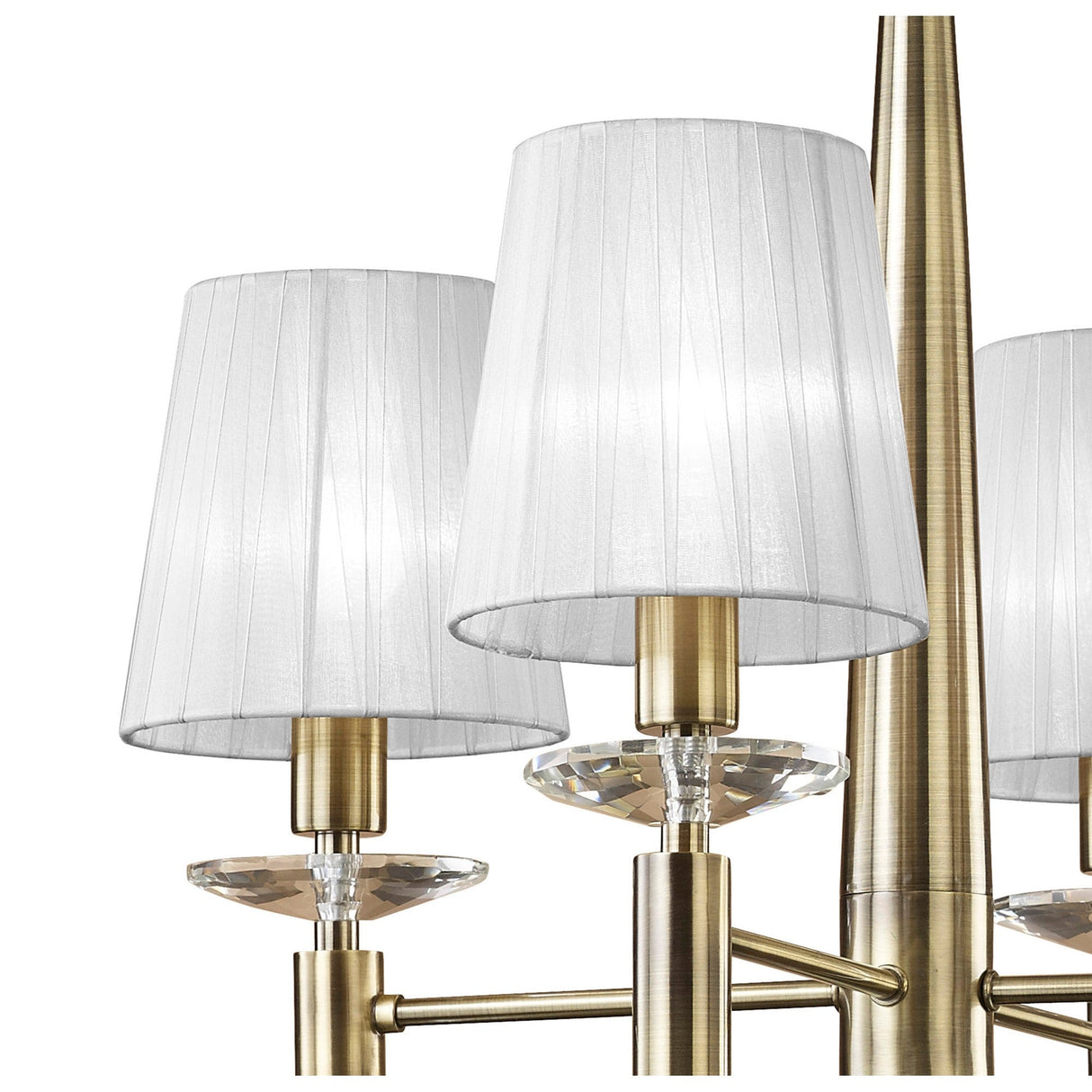 Tiffany 8 Light Crystal Chandelier - Brass With White Shades