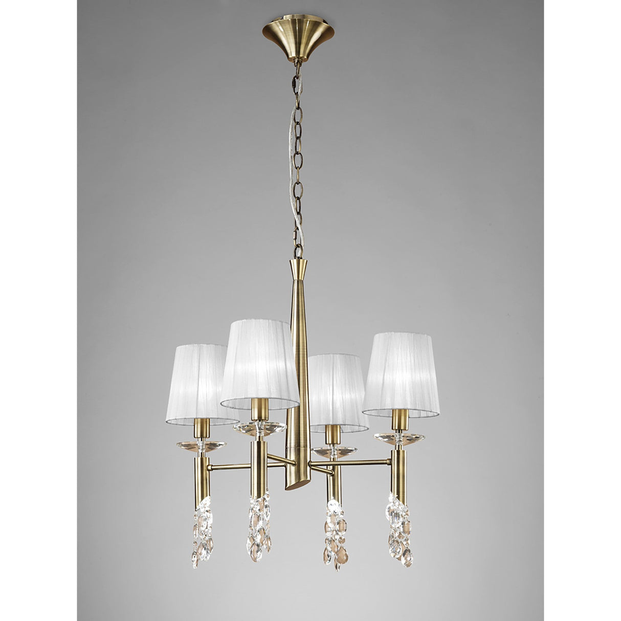 Tiffany 8 Light Crystal Chandelier - Brass With White Shades
