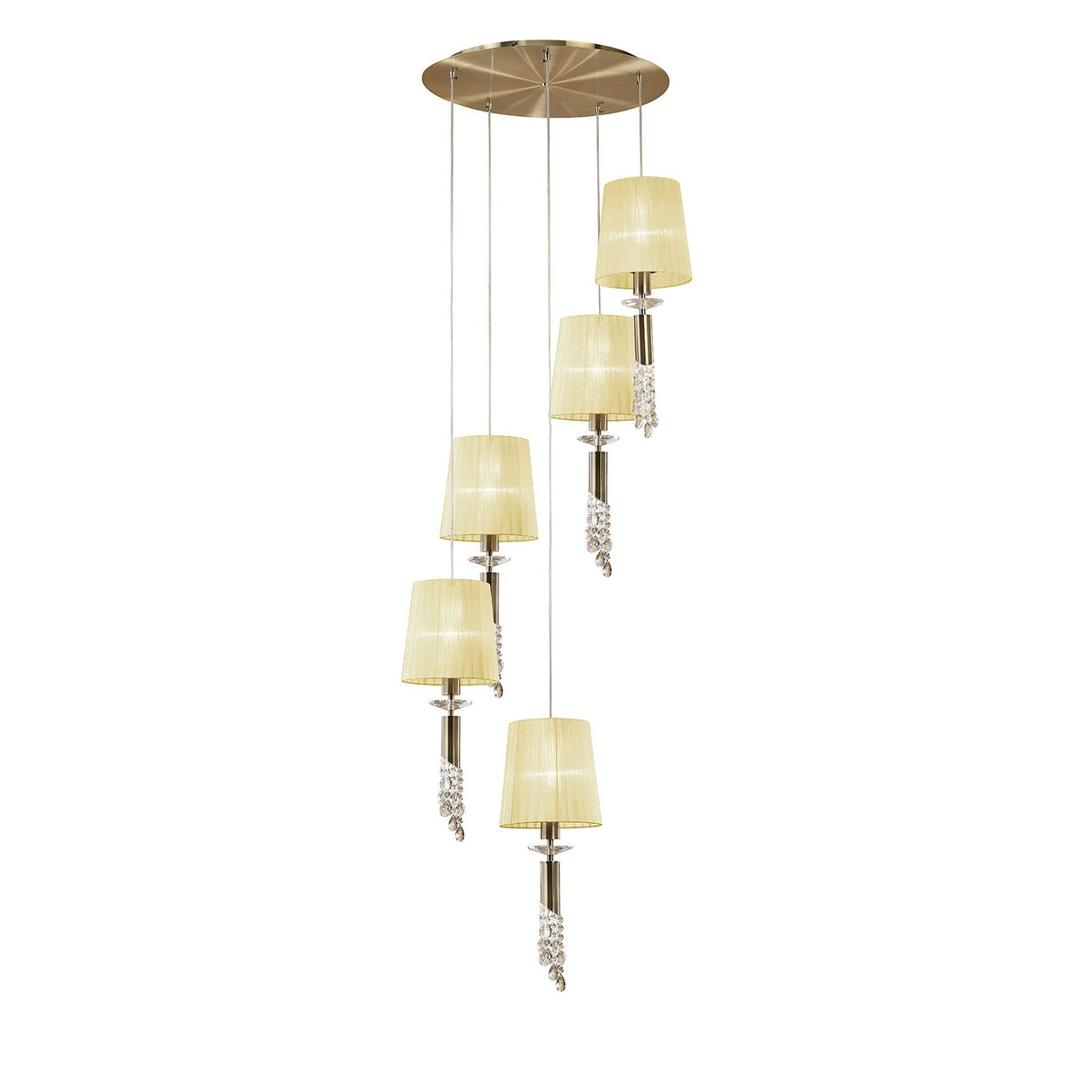 Tiffany 5 Light  Crystal Cluster Pendant Light -  Brass With Cream Shades