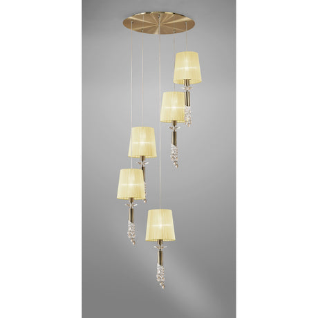 Tiffany 5 Light  Crystal Cluster Pendant Light -  Brass With Cream Shades