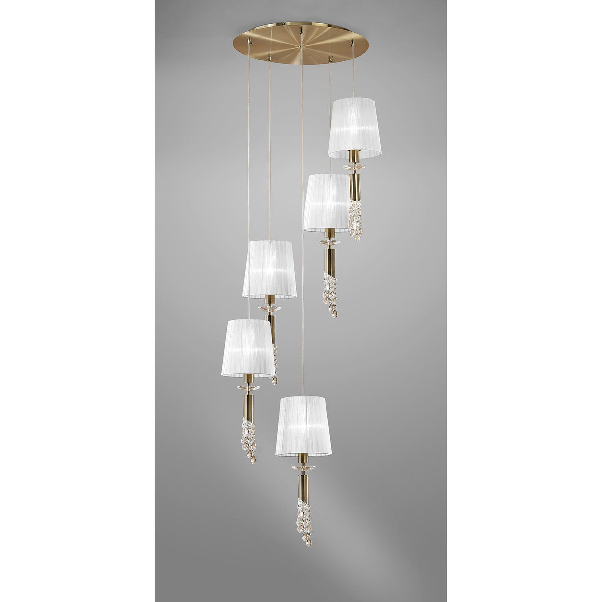 Tiffany 5 Light Crystal Cluster Pendant Light - Brass With White Shades