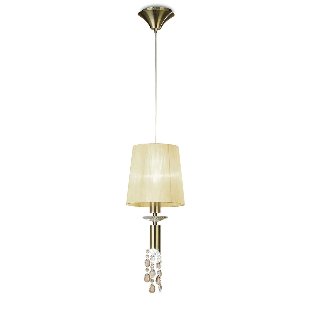 Tiffany 2 Light Crystal Pendant Light – Antique Brass With Cream Shade