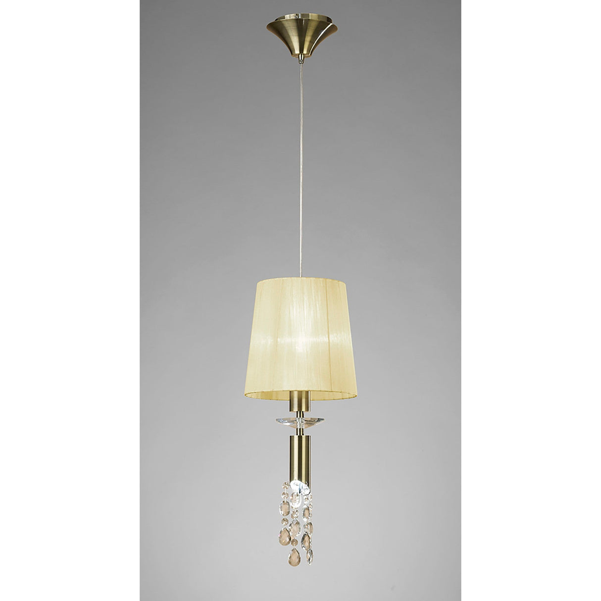 Tiffany 2 Light Crystal Pendant Light – Antique Brass With Cream Shade