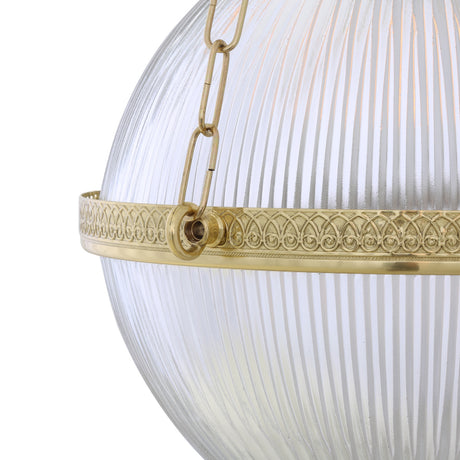 Close-up of the Tilsora Ribbed Glass Globe Wall Light, showing a clear ribbed glass globe held by a decorative brass band and chain links against a white background.