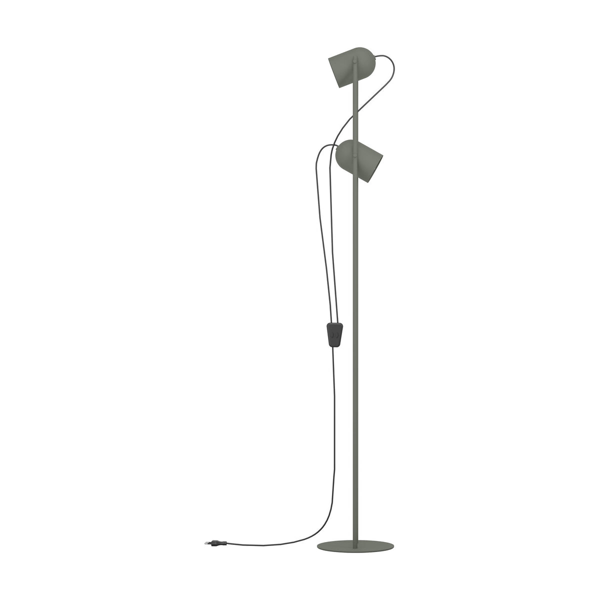 Tilston Floor Lamp in muted green steel, featuring two cylindrical spot heads at different heights on slim twin rods with a round base, shown on a plain white background.