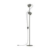 Tilston Floor Lamp in muted green steel, featuring two cylindrical spot heads at different heights on slim twin rods with a round base, shown on a plain white background.