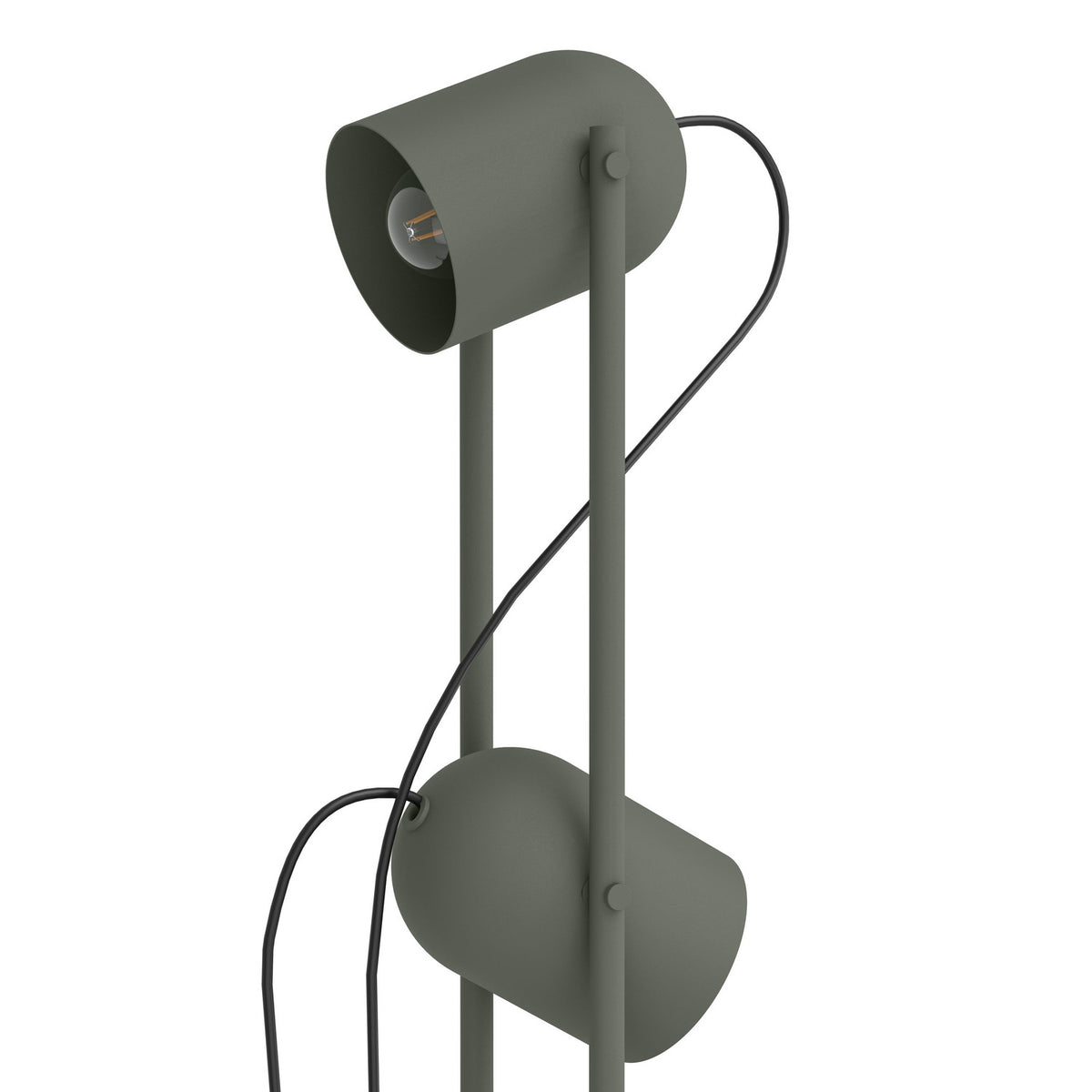 Tilston Floor Lamp in muted green steel, close-up of twin upright rods with two cylindrical spot heads at different heights, E14 bulb visible, on a plain white background.