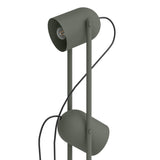 Tilston Floor Lamp in muted green steel, close-up of twin upright rods with two cylindrical spot heads at different heights, E14 bulb visible, on a plain white background.