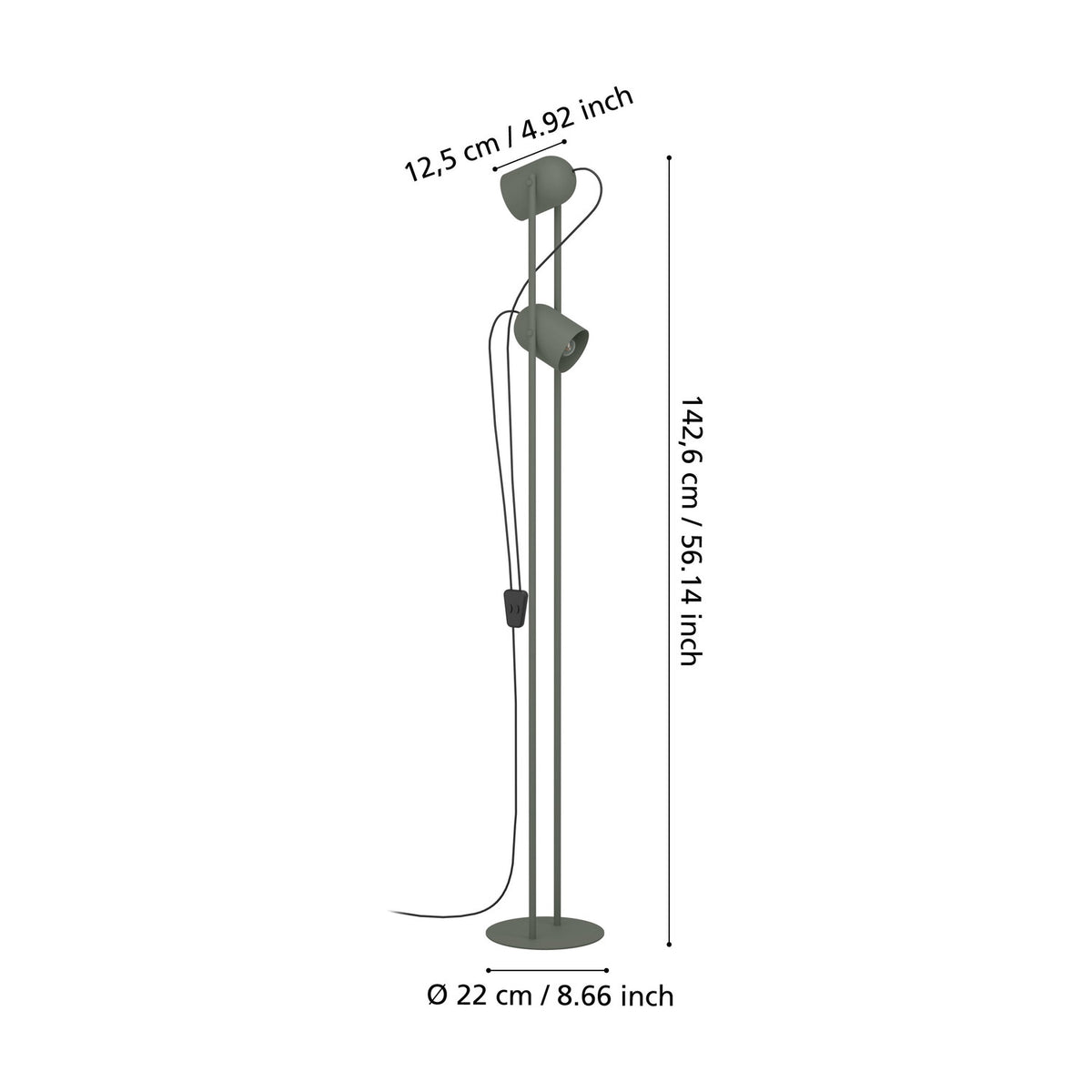 Tilston Floor Lamp in muted green steel with two cylindrical spot heads on slim twin rods and a round base, shown with dimensions 142.6cm height and 22cm base diameter on a white background.