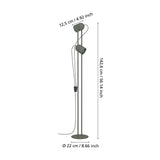 Tilston Floor Lamp in muted green steel with two cylindrical spot heads on slim twin rods and a round base, shown with dimensions 142.6cm height and 22cm base diameter on a white background.