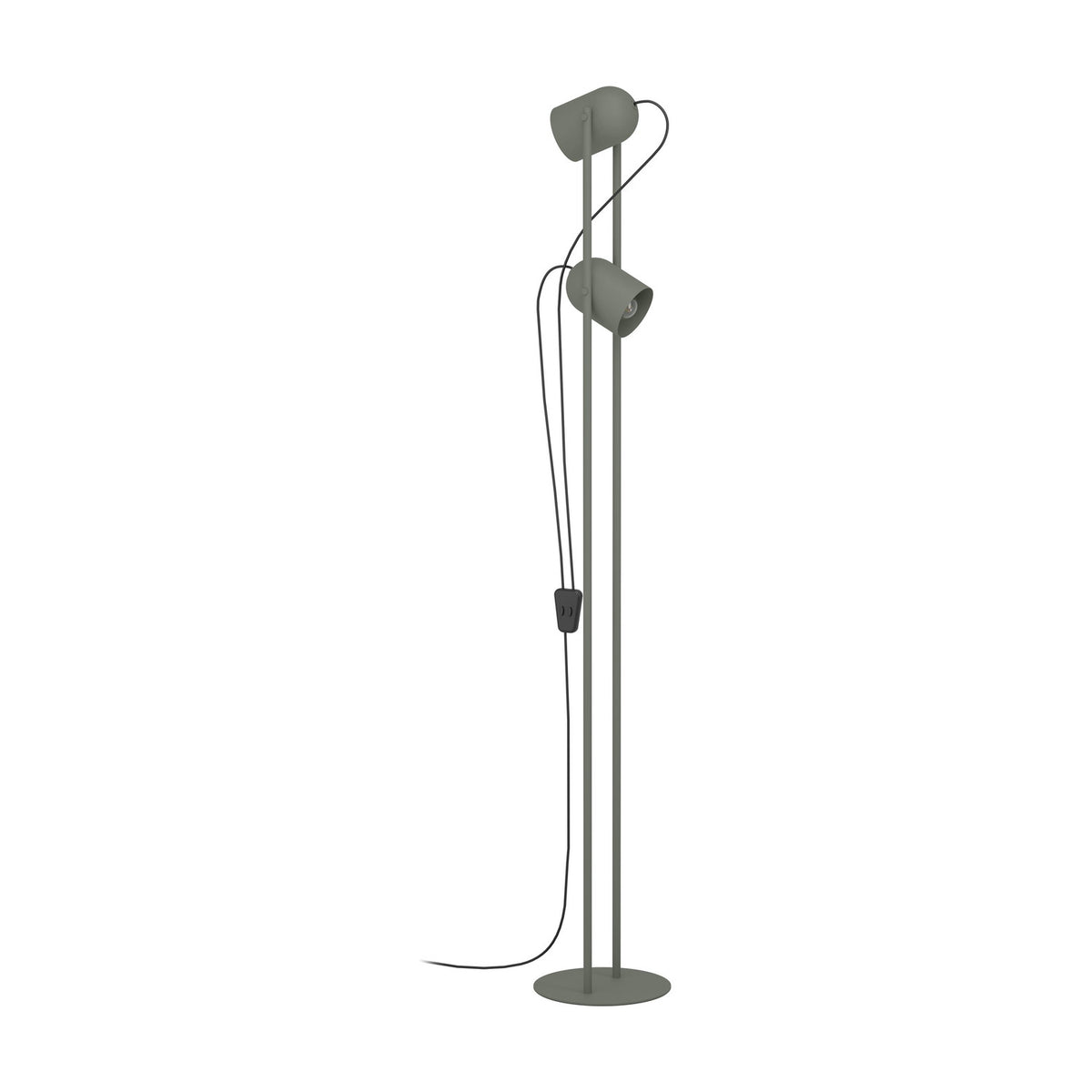 Tilston Floor Lamp in muted green steel, featuring two cylindrical spot heads on slim twin rods with a round base, shown on a plain white background.
