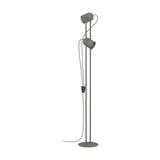 Tilston Floor Lamp in muted green steel, featuring two cylindrical spot heads on slim twin rods with a round base, shown on a plain white background.
