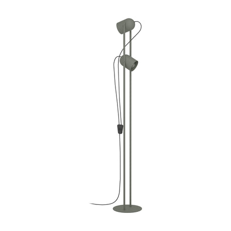 Tilston Floor Lamp in muted green steel, featuring two cylindrical spot heads on slim twin rods with a round base, shown on a plain white background.