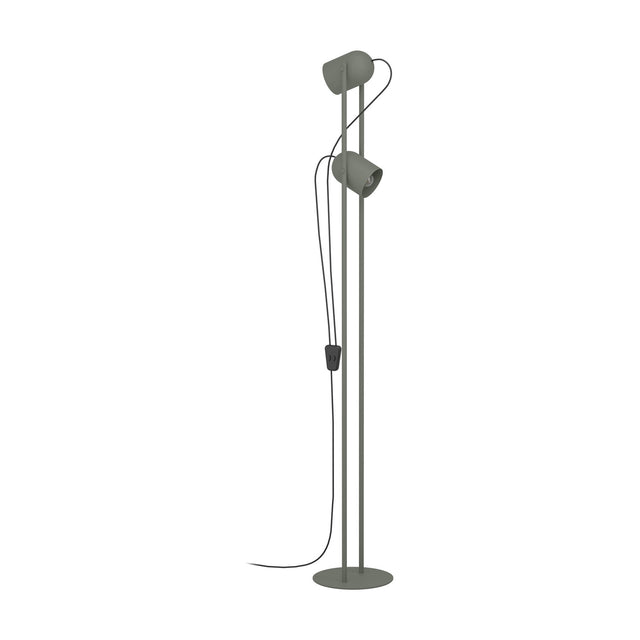 Tilston Floor Lamp in muted green steel, featuring two cylindrical spot heads on slim twin rods with a round base, shown on a plain white background.