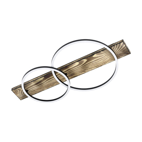 Timarne 2 Light Flush Ceiling Light featuring a rustic brown wood beam with two overlapping black rings and white diffusers, shown on a plain white background.