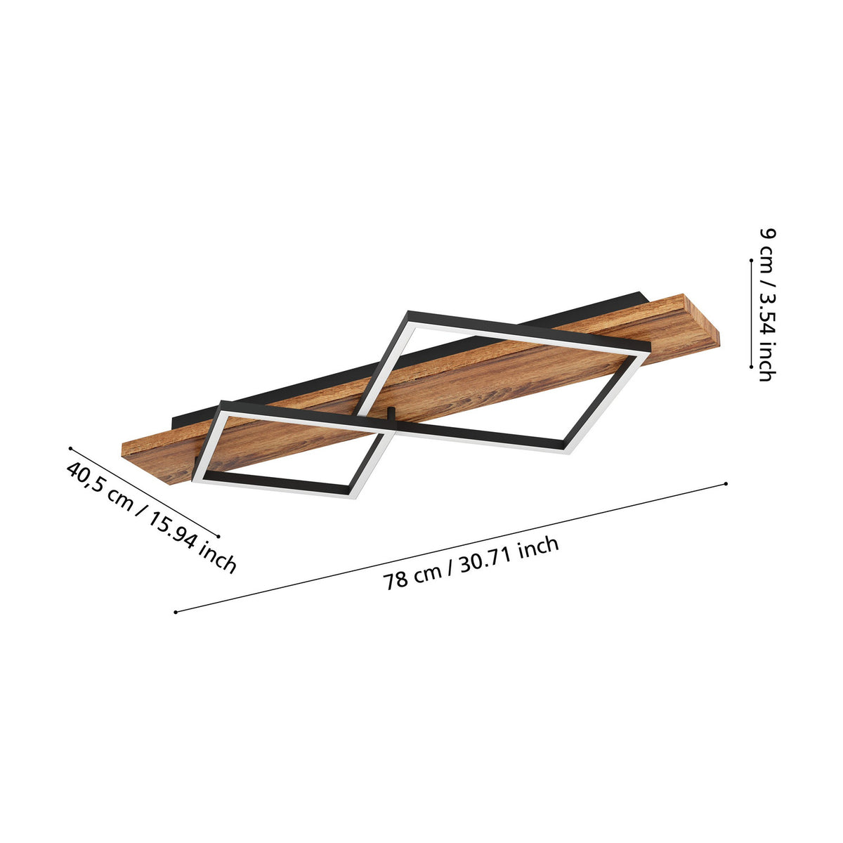 Timarne 2 Light Flush Ceiling Light featuring a rustic brown wooden bar crossed by two black square LED frames, shown with dimension lines on a white background.