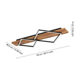 Timarne 2 Light Flush Ceiling Light featuring a rustic brown wooden bar crossed by two black square LED frames, shown with dimension lines on a white background.