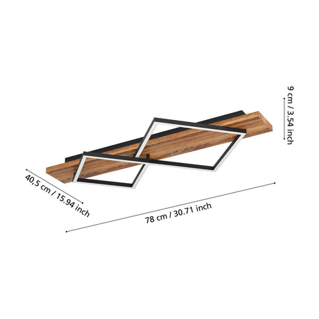 Timarne 2 Light Flush Ceiling Light featuring a rustic brown wooden bar crossed by two black square LED frames, shown with dimension lines on a white background.