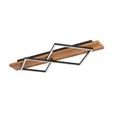 Timarne 2 Light Flush Ceiling Light featuring a rustic brown wooden bar crossed by interlocking black square frames with white LED diffusers, shown on a plain white background.