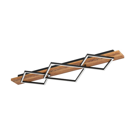 Timarne 3 Light Flush Ceiling Light featuring a long rustic brown wooden plank with three overlapping black square frames and white diffusers, shown on a plain white background.