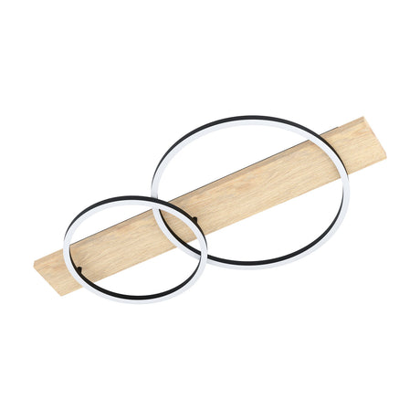 Timarne LED 2 Light Flush Ceiling Light featuring a wooden bar with two overlapping black steel rings and white diffusers, shown on a plain white background.