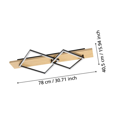 Timarne LED 2 Light Flush Ceiling Light with black steel diamond-shaped frames and white diffusers set on a wooden plank base, shown with dimensions 78cm x 40.5cm on a white background.