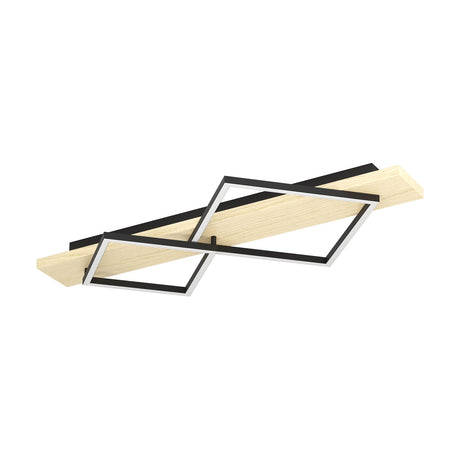 Timarne LED 2 Light Flush Ceiling Light with two black steel diamond-shaped frames and white diffusers set across a light brown wood plank, on a plain white background.