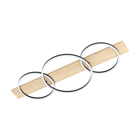 Timarne LED 3 Light Flush Ceiling Light featuring three overlapping black rings with white diffusers across a wooden bar in black and brown, shown on a plain white background.