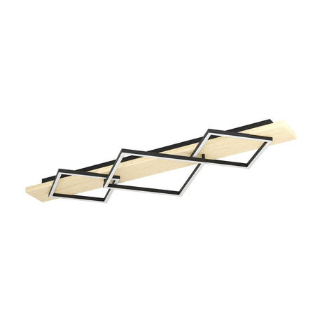Timarne LED 3 Light Flush Ceiling Light featuring black steel square frames set diagonally with white diffusers, mounted along a wooden plank, shown on a plain white background.