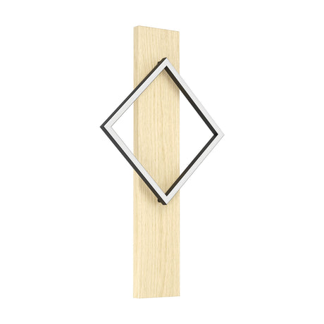 Timarne LED wall light with a tall light wood backplate and a black square frame set on point as a diamond, featuring a white diffuser outline, shown on a plain background.